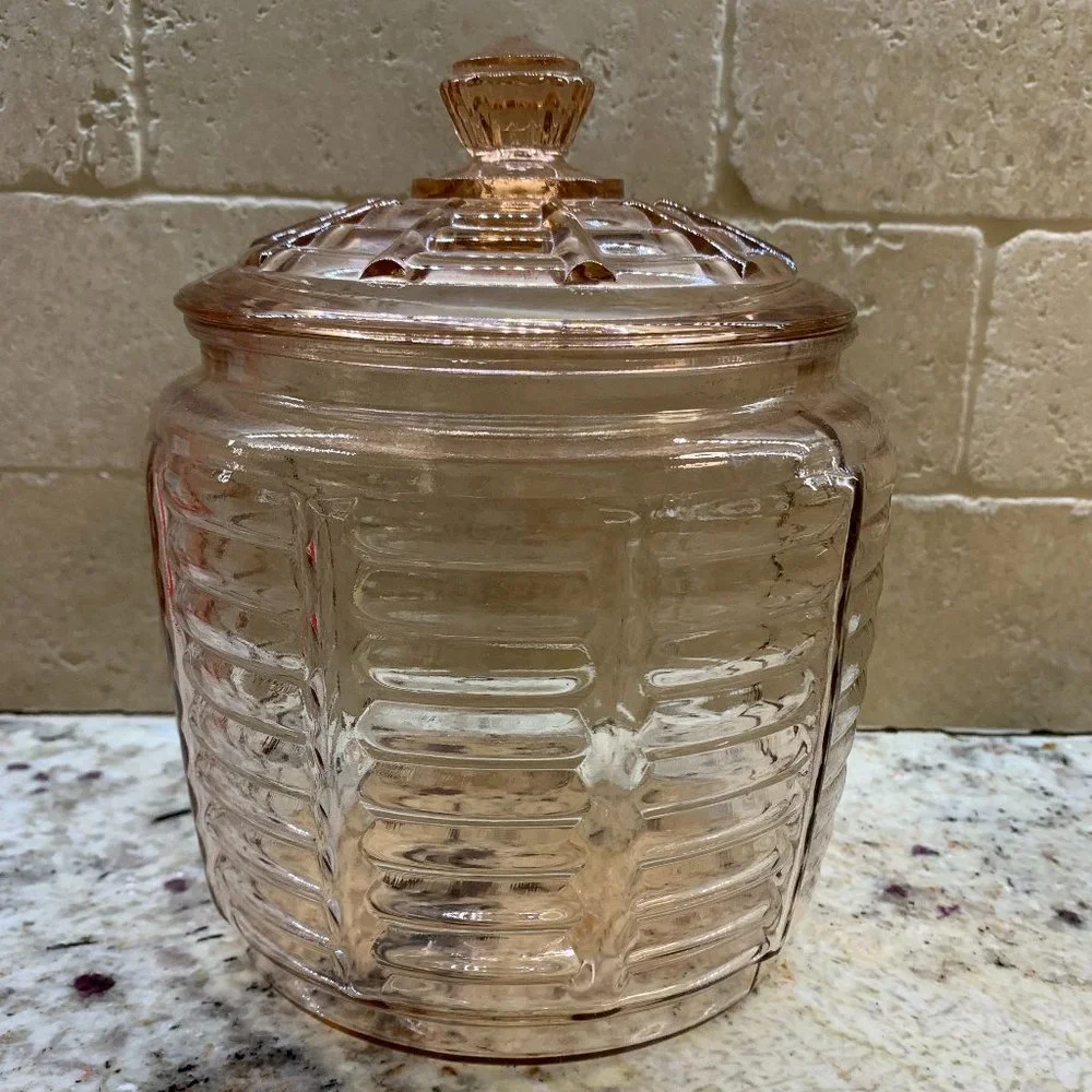 Vintage Anchor Hocking Pink Paneled Ribbed Depression Glass Lidded Cookie Jar #1